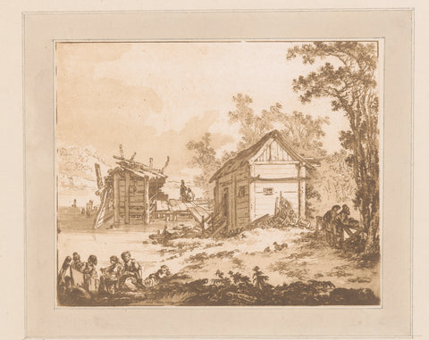 Two huts on a jetty with fishermen and other figures, Jean Baptist Leprince, 1768 Canvas Print