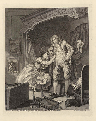 Woman hangs on the arm of a man in a bedroom, William Hogarth, 1736 Canvas Print