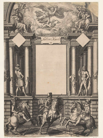 Horsemen with degens and other weapons for architectural framing of empty title field, Schelte Adamsz. Bolswert, 1628 Canvas Print