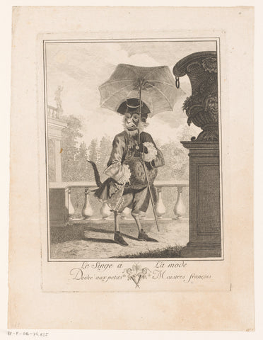 Monkey in fashionable clothing with parasol, anonymous, 1700 - 1799 Canvas Print