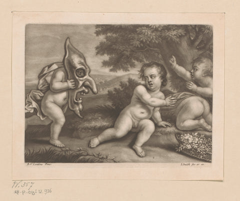 Three putti scares of a putto with a grotesque mask, John Smith (printmaker/ publisher), 1662 - 1742 Canvas Print