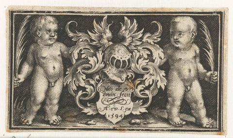 Coat of arms with helmet held by two putti, Nicolaes de Bruyn, 1594 Canvas Print