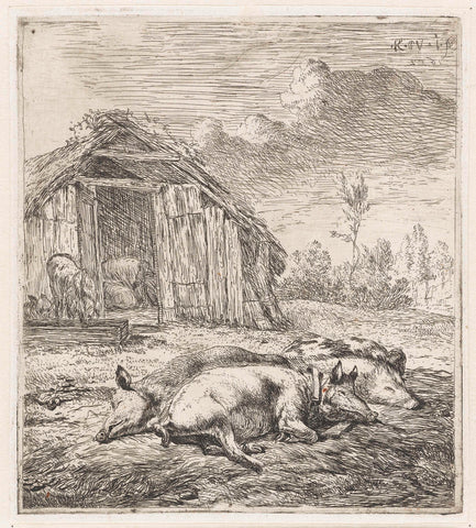 Three pigs in a pen, Karel du Jardin, 1652 Canvas Print