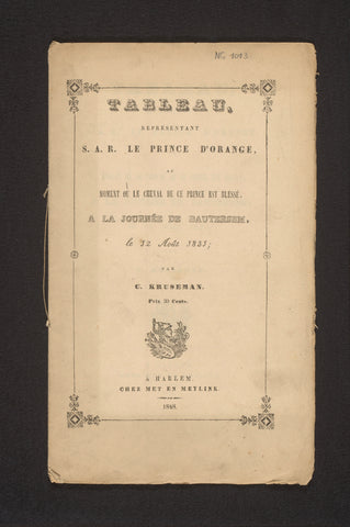 Tableau, representing S.A.R. the Prince of Orange at the time when the horse of this prince is wounded, a la journée de Bautersem..., Met & Meylink, 1848 Canvas Print