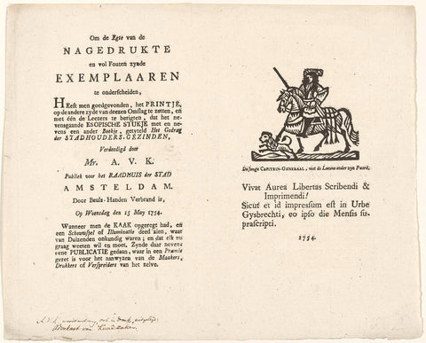 Bericht over de verbranding van een prent van Willem V, 1754, anonymous, 1754 Canvas Print