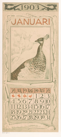 Calendar sheet January with peacock, Theo van Hoytema, 1902 Canvas Print