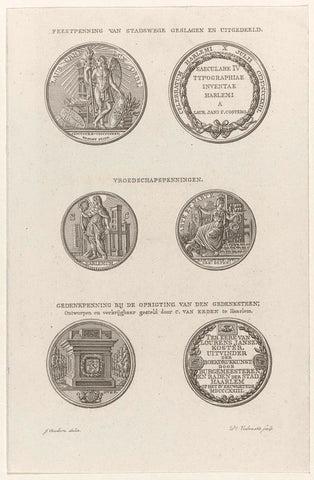 Three tokens for the 400th anniversary of the invention of printing by Coster, 1823, Daniël Veelwaard (I), 1823 - 1824 Canvas Print