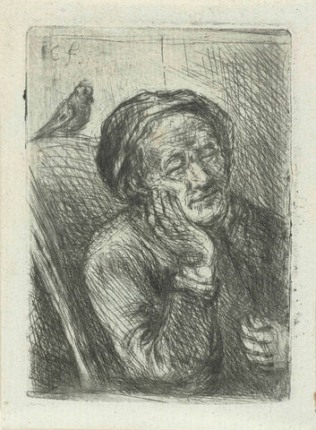 Sleeping old man with bird, Jan Chalon, 1748 - 1795 Canvas Print