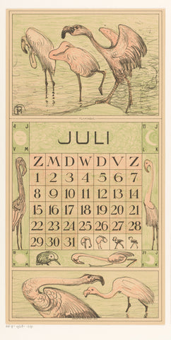 Calendar sheet July with flamingos, Theo van Hoytema, 1916 Canvas Print