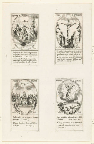 Mary crowned by the Holy Trinity (Trinity Sunday), Crucifixion (Good Friday), Descent of the Holy Spirit (Pentecost), Ascension of Christ (Ascension), Jacques Callot, after 1642 Canvas Print