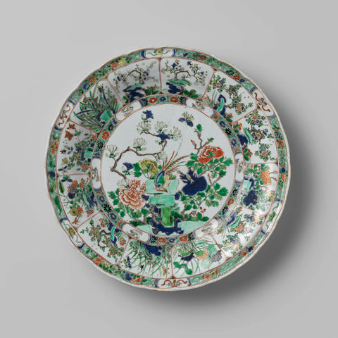 Dish with a pheasant on a rock surrounded by flowering plants, anonymous, c. 1700 - c. 1724 Canvas Print