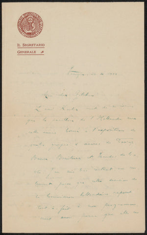 Letter to Philip Zilcken, Vittorio Pica, 1922 Canvas Print