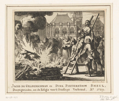 Jacob de Geldersman and Dirk Pietersz. Smuel op de Dam op de brandstapel, 1546, Jan Luyken, 1691 - 1693 Canvas Print