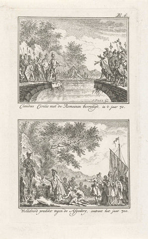 Civilis en Cerialis onderhandelen op de afgebroken brug, 69-70, en Willibrord predikt tegen afgoderij, 700, Simon Fokke, 1756 - 1758 Canvas Print