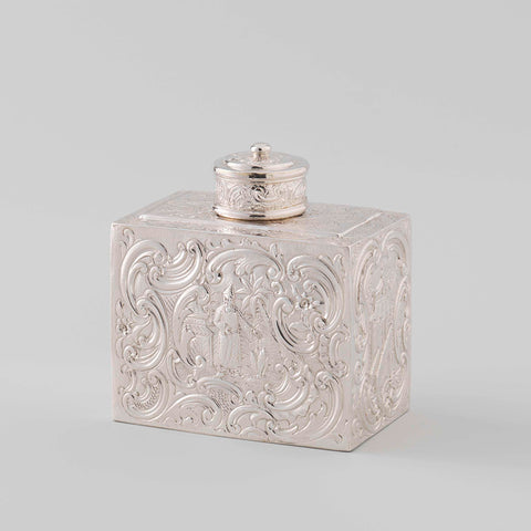 Rectangular tea caddy, decorated on all sides with embossed chinoiseries, Hendrik Swierinck, 1764 Canvas Print