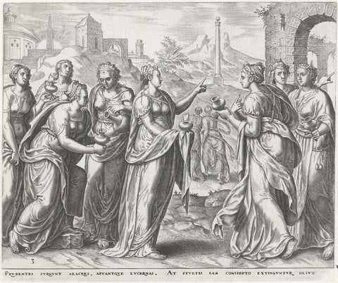 Foolish virgins ask the wise virgins for oil, Harmen Jansz Muller, 1565 - 1572 Canvas Print