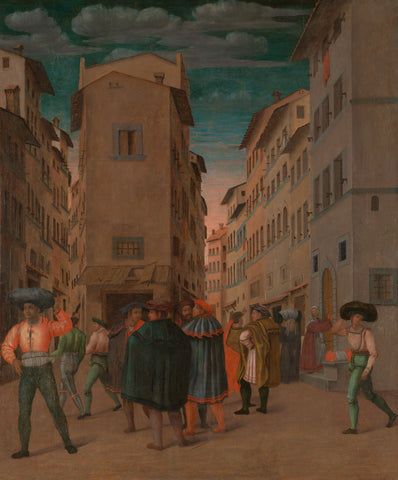 Florentine Street Scene with Twelve Figures (Sheltering the Traveler, one of the Seven Works of Mercy), anonymous, 1540 - 1560 Canvas Print