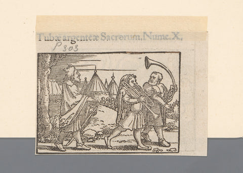 Moses with two men blowing on silver trumpets, anonymous, 1530 - 1533 Canvas Print