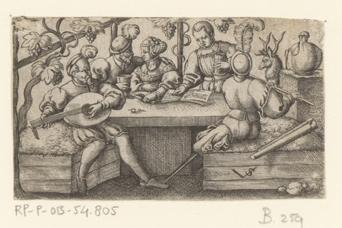 Four men and a woman drinking and making music, Virgil Solis, 1524 - 1562 Canvas Print