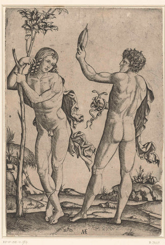 Naked man leaning against tree and naked man with mirror and two snakes, Marcantonio Raimondi, 1510 - 1527 Canvas Print