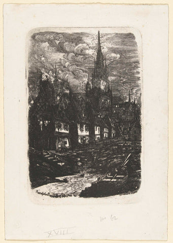 Cityscape with fishing harbor and church tower, Rodolphe Bresdin, 1865 Canvas Print