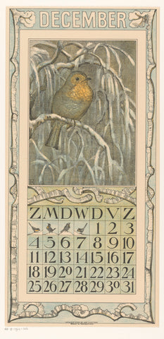 Kalenderblad december met roodborstje, Theo van Hoytema, 1909 Canvas Print