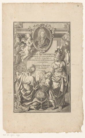 Minerva and child at woman with maps of Italy and portrait of Johann Hübner, anonymous, 1719 Canvas Print