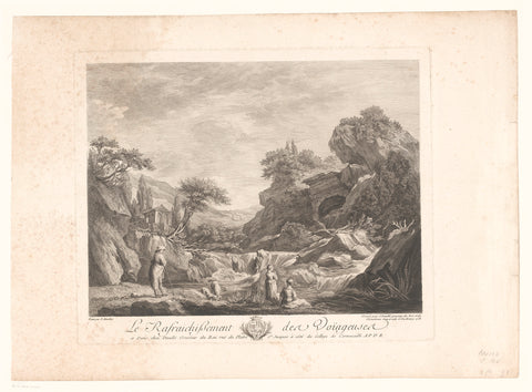 Landscape with resting travelers at a waterfall, Jean Daullé, 1758 Canvas Print