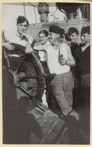 Sailors on board their ship at the steering wheel, anonymous, 1940 - 1943 Canvas Print