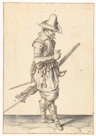 Soldier with a Musket Opening a Powder Gauge, Jacob de Gheyn (II), 1596 - 1606 Canvas Print