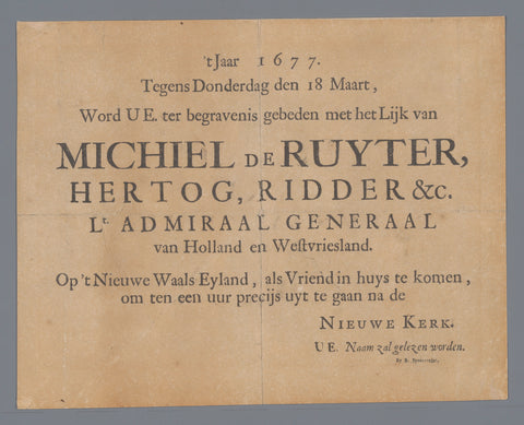 Invitation to the funeral of Michiel de Ruyter, Bruno Spanceerder, 1677 Canvas Print