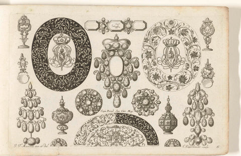 Seventeen designs for jewellery, wax seals and a box, Christian Engelbrecht, after 1699 - before 1724 Canvas Print