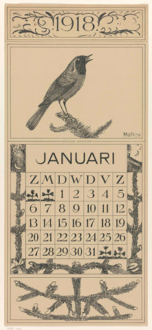 Calendar sheet January with collared redstart, Theo van Hoytema, 1917 Canvas Print