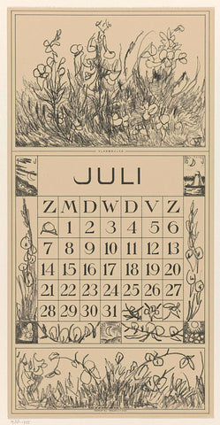 Calendar sheet July with flax beaks, Theo van Hoytema, 1917 Canvas Print