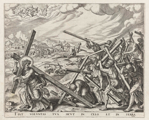 Let your will be done on earth as in heaven / Give us the bread we need today / Forgive us our debts, just as we too have forgiven those who owed us something / Do not put us in trial, John Wierix, 1569 - 1573 Canvas Print