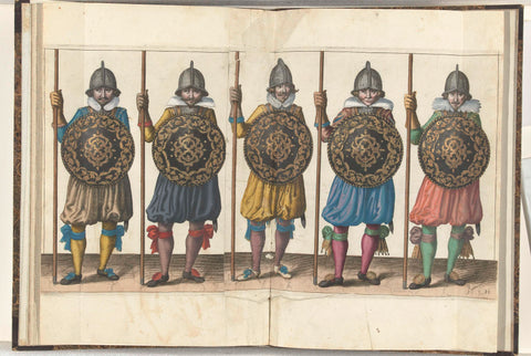 The exercise with shield and skewer: five soldiers standing side by side in the line with the skewer in the right hand resting on the ground and the shield for the chest (no. 31), 1618, Adam van Breen, 1616 - 1618 Canvas Print