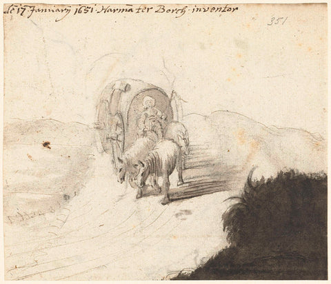 Wagon pulled by horses in a landscape, Harmen ter Borch, 1651 Canvas Print