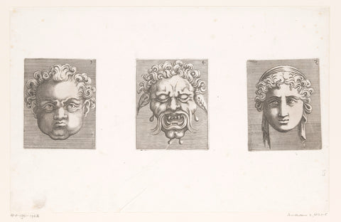 Three grotesque masks, Adamo Scultori, 1540 - 1585 Canvas Print