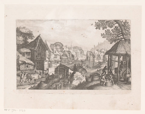 Village with winemakers and cattle, Matthäus Merian (I), 1603 - 1650 Canvas Print