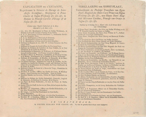 Text sheet accompanying the print of the marriage of Karel Christiaan van Nassau-Weilburg with princess Carolina, 1760, Pieter Gerard van Balen, 1761 Canvas Print