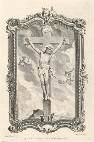 Christ on the cross, in a seed bead ornament edge, Pierre Alexandre Aveline, Juste Aurèle Meissonnier, 1738 - 1749 Canvas Print