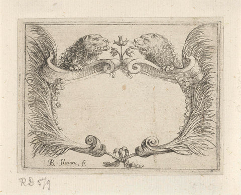 Cartouche with lion heads, Albert Flamen, 1648 - 1692 Canvas Print