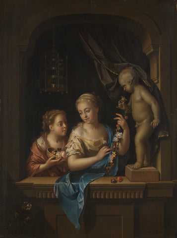 Two Girls with Flowers by a Statue of Cupid, Pieter van der Werff, 1713 Canvas Print