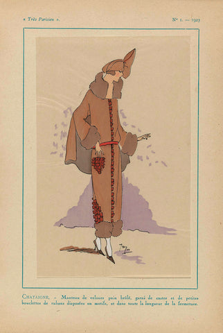 Très Parisien, 1923, No 1: CHATAIGNE. - Velvet coat..., anonymous, 1923 Canvas Print