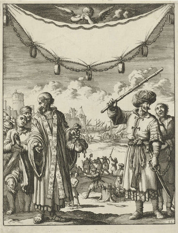 Turk and clergyman with Christian slaves, Jan Luyken, 1684 Canvas Print