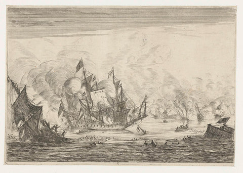 Naval battle with a sinking ship, Reinier Nooms, 1652 - 1670 Canvas Print