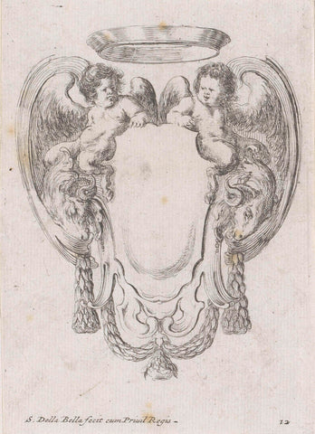 Cartouche with two ram heads, two putti and a crown, Stefano della Bella, 1647 Canvas Print