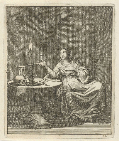 Woman sitting at a table on which a burning candle, hourglass and a skull, Jan Luyken, 1687 Canvas Print