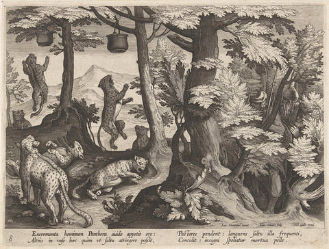 Hunting leopards with human excrement, Jan Collaert (II), after 1594 - 1598 Canvas Print