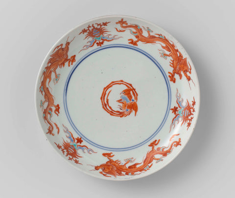 Saucer-dish with dragons, pearls and hoo-birds, anonymous, c. 1670 - c. 1699 Canvas Print